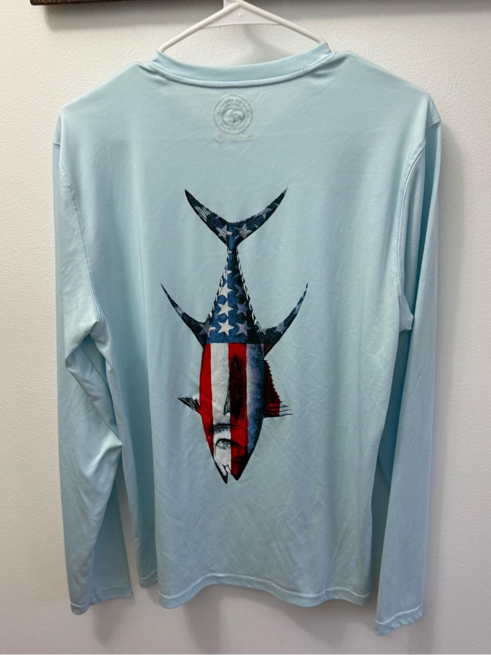 Light Blue Long-Sleeve Graphic Performance Shirt with American Flag Fish